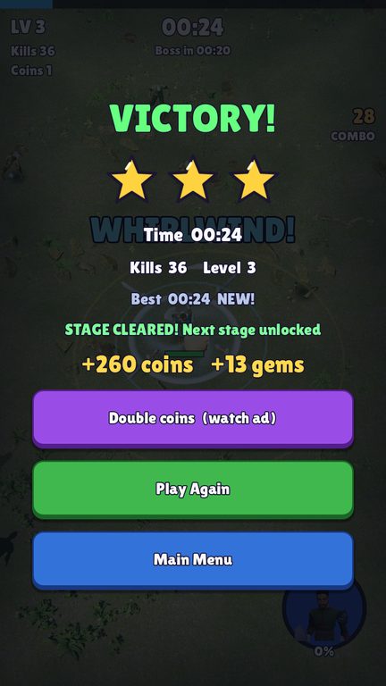 Victory screen with three stars